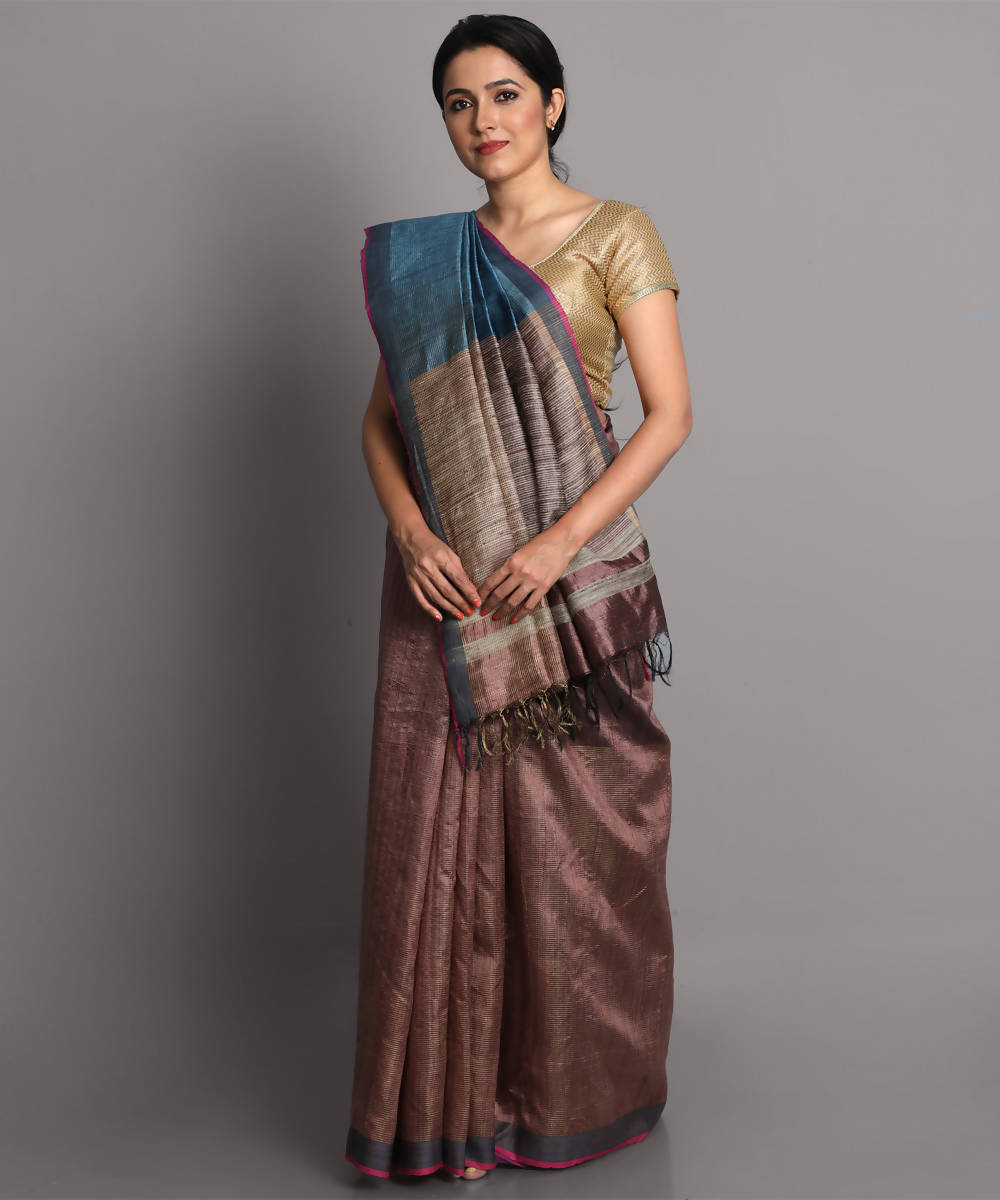 Peach mauve handwoven tussar silk saree