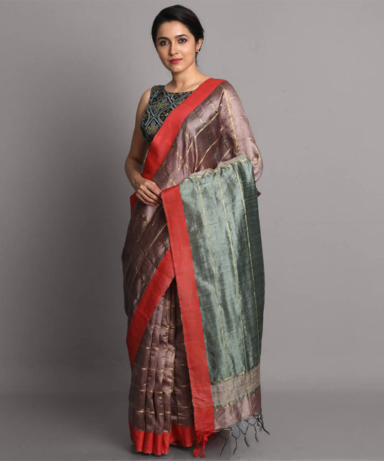 Copper brown handwoven tussar silk saree